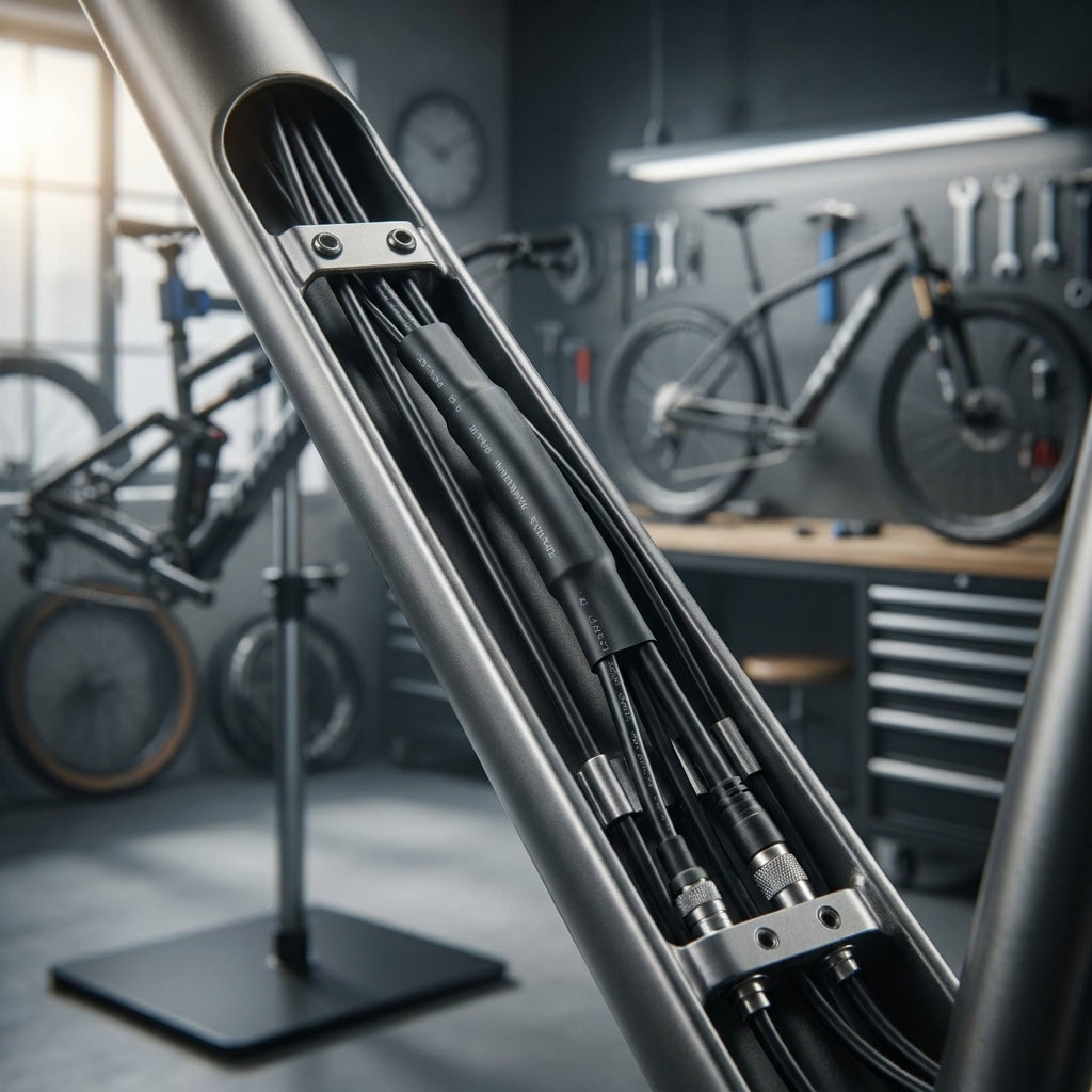 XLC Wärmeschrumpfschlauch 4,8/100mm bündelt Fahrradkabel im geöffneten Rahmen einer Werkstatt.
