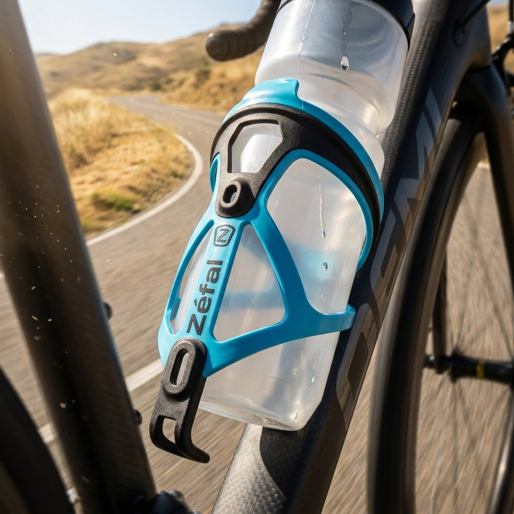 Zefal Trinkflaschenhalter Pulse B2 cyan blau am Carbon-Fahrrad mit Wasserflasche auf kurviger Straße.