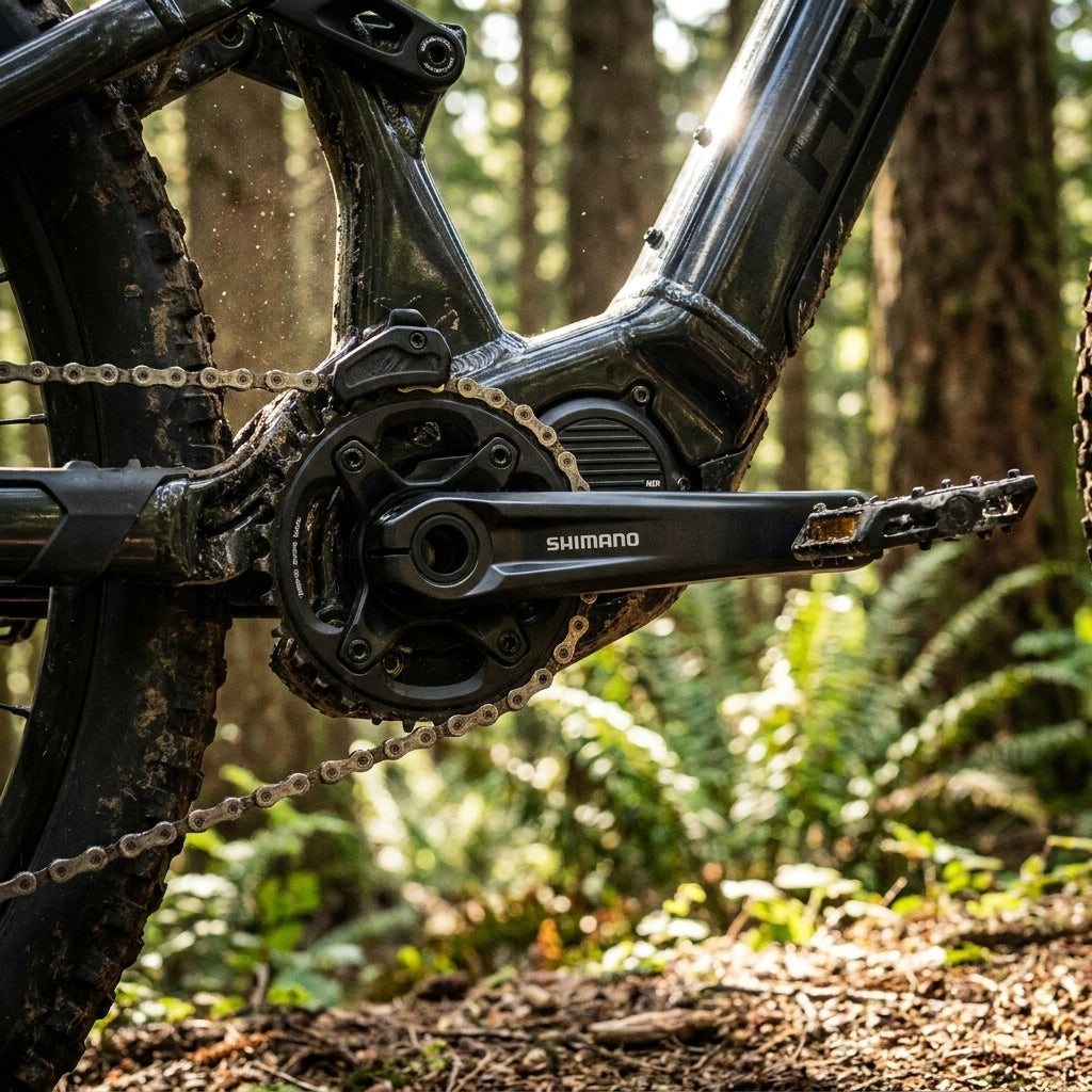 SHIMANO FC-E8000 Kurbelarmset 175 mm am E-MTB mit Motor und Kette im Wald.
