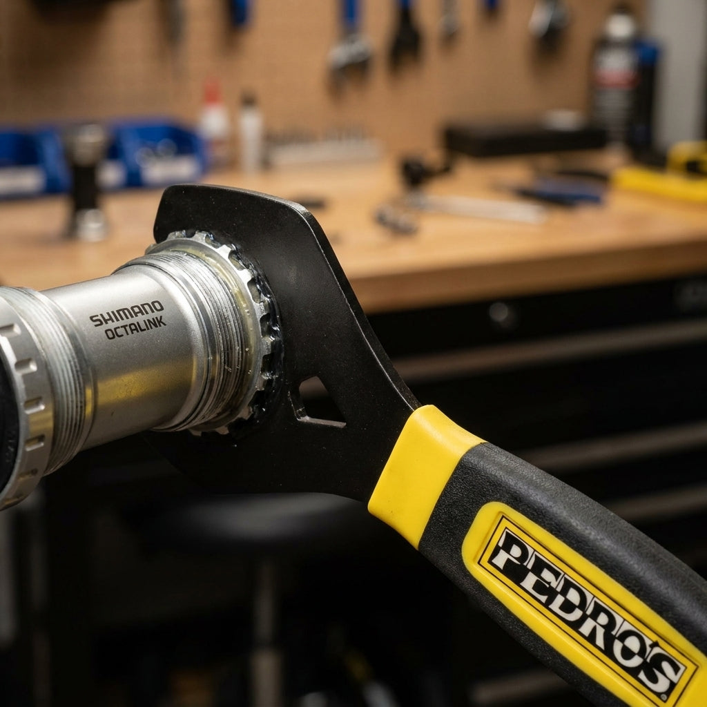 Pedros 8-Zahn Innenlagerschlüssel für Shimano Octalink auf einem Shimano Innenlager in der Werkstatt.