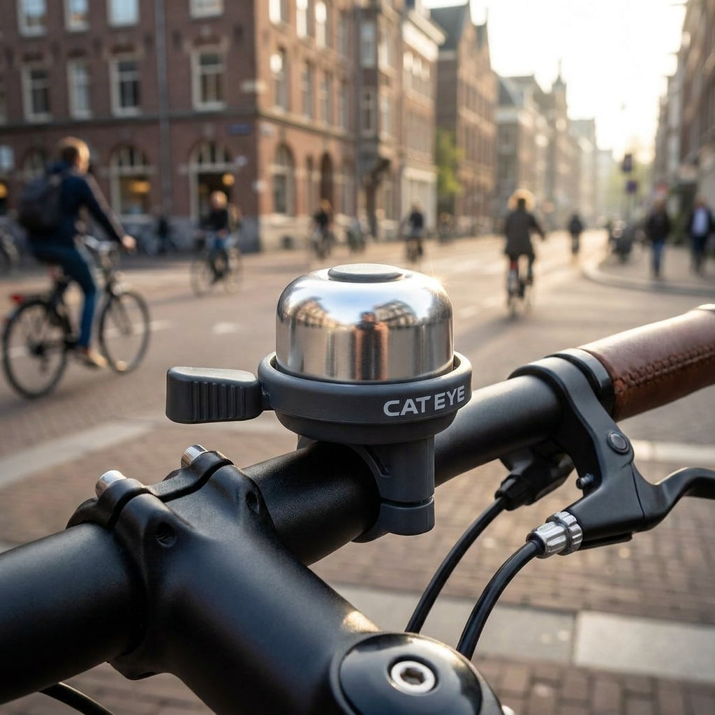 Cat Eye Klingel PB-1000 Wind Bell schwarz silber, am Fahrradlenker in der Stadt montiert.