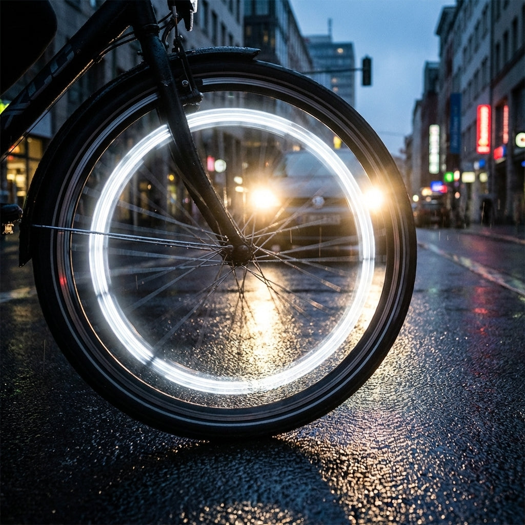 Fahrrad-Vorderrad mit XLC Reflex Speichenclips StVZO, hell leuchtend im Dunkeln auf nasser Straße.