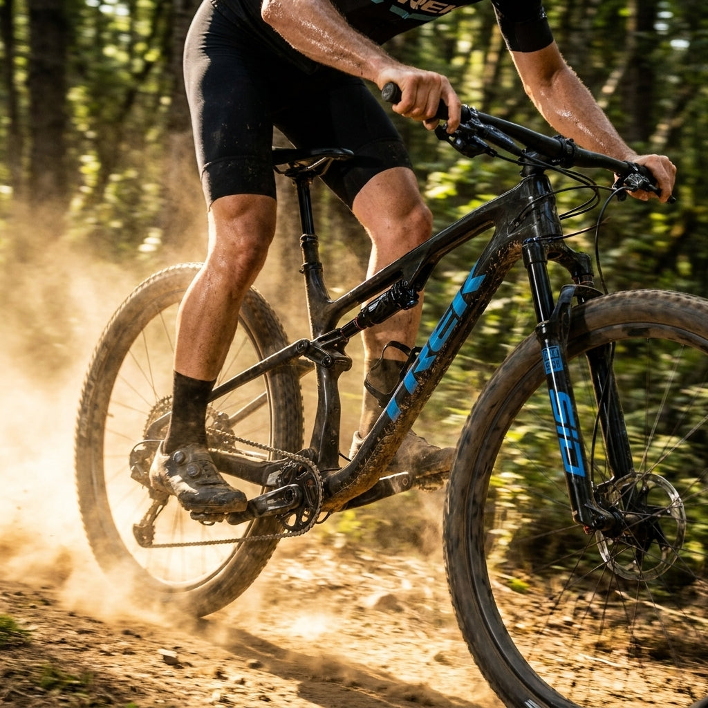 Mountainbiker fährt dynamisch auf staubigem Trail; Rockshox SIDLuxe Ultimate Dämpfer am Mountainbike.