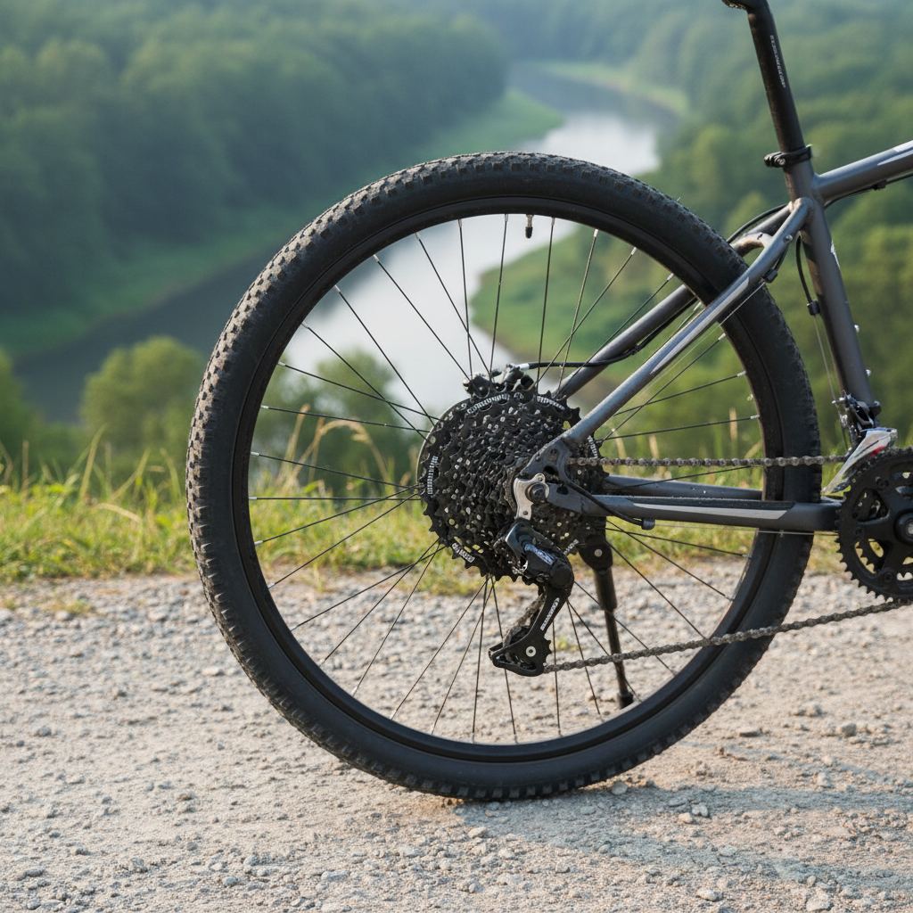 SHIMANO Kassette ACERA CS-HG200 9-fach 11-34 am Mountainbike-Hinterrad mit Schaltung und Flusslandschaft.