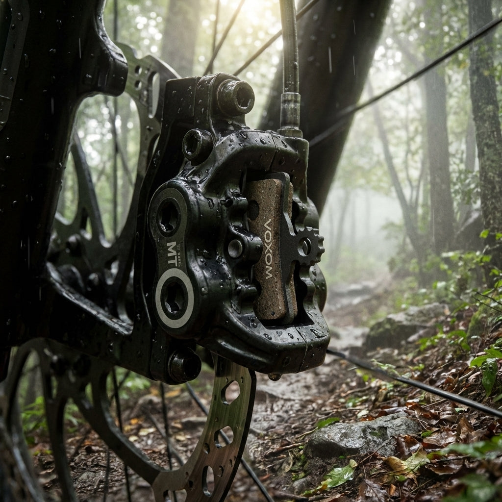 Voxom Scheibenbremsbeläge BSC16 semi-metal für Magura MT2-8 am Mountainbike im nassen Wald.