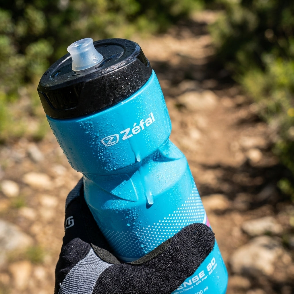 Zefal Sense M80 800ml cyan Fahrrad-Trinkflasche mit Kondenswasser, gehalten auf einem Outdoor-Trail.