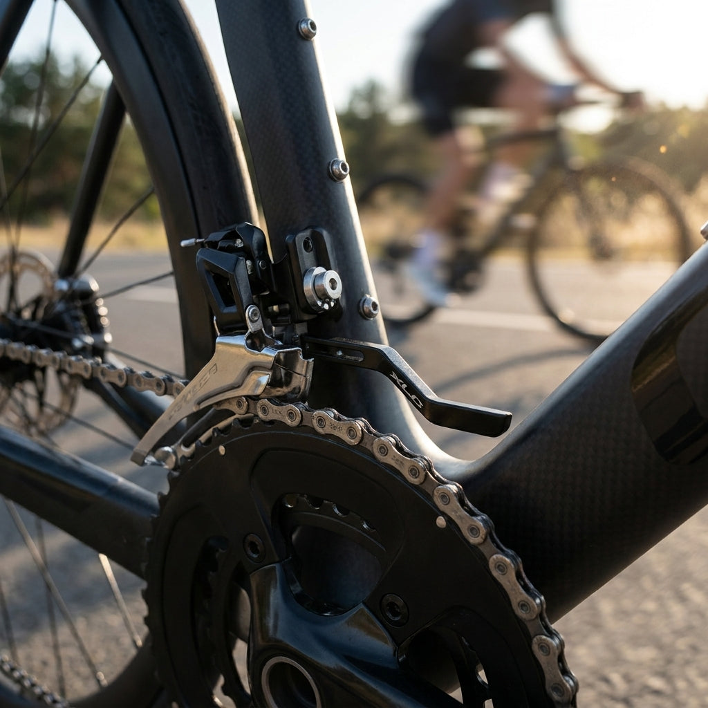 XLC Kettenfänger CR-A10 36-46 Zähne am Carbon-Rennrad-Antrieb mit Kette und Umwerfer.