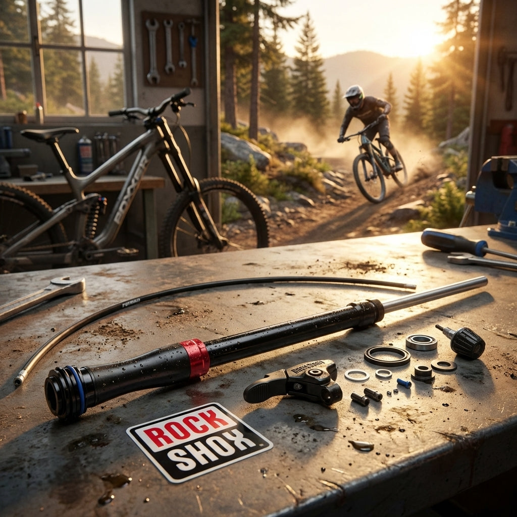 RockShox Dämpfer Upgrade Kit BoXXer Charg2,RC2,Cr,HS/LS auf Werkbank, Bike und Fahrer beim Fahren.