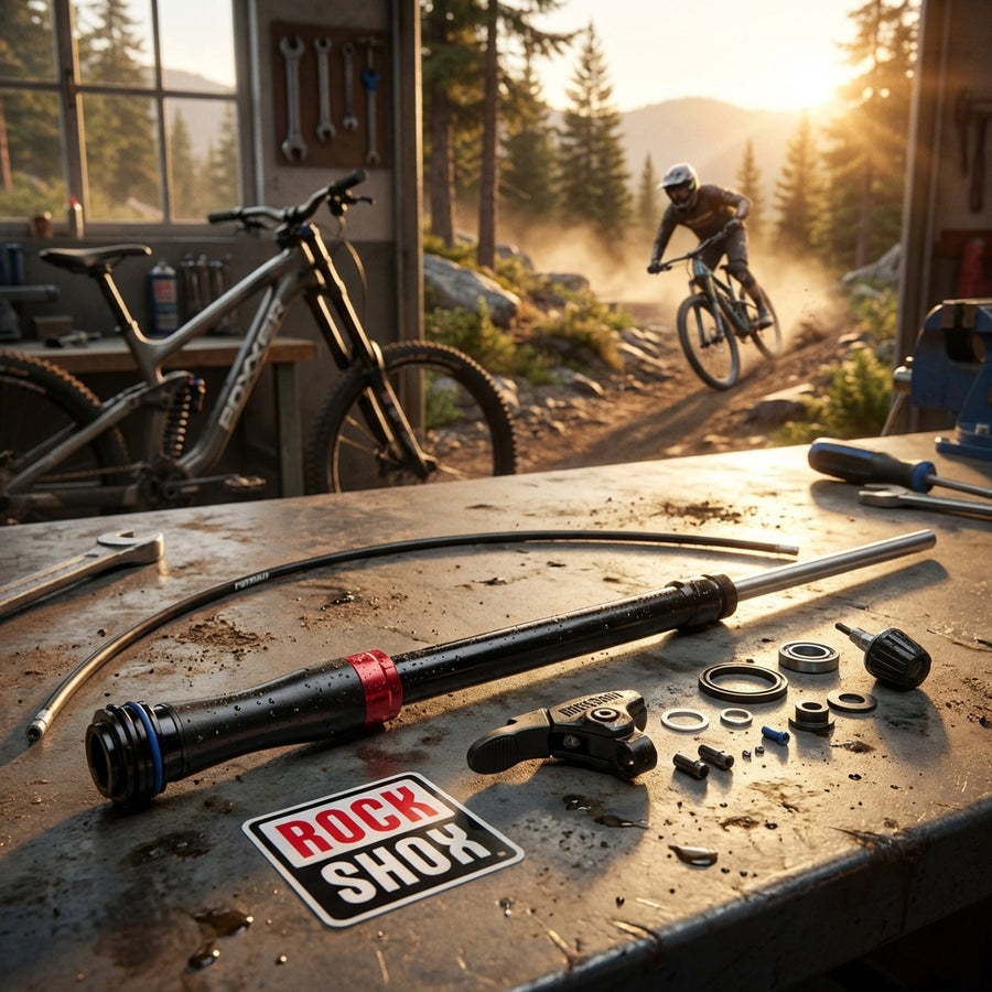 RockShox Dämpfer Upgrade Kit BoXXer Charg2,RC2,Cr,HS/LS auf Werkbank, Bike und Fahrer beim Fahren.