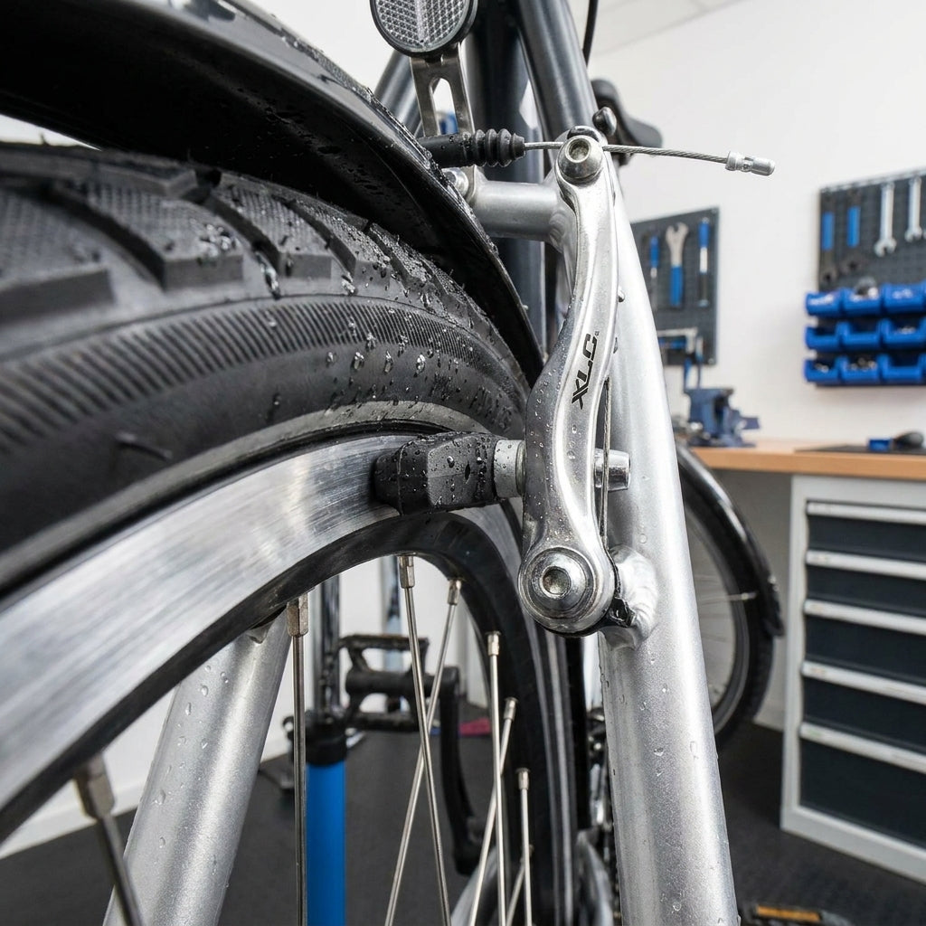 XLC V-Brake Bremsschuhe BS-V01 am nassen Fahrrad-Vorderrad, Bremsbelag an Felge, Werkstatt.