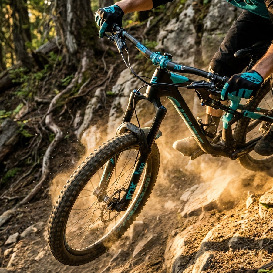 Mountainbiker mit Race Face SixC DH Riser Lenker schwarz/türkis für Downhill-Kontrolle auf felsigem Trail.