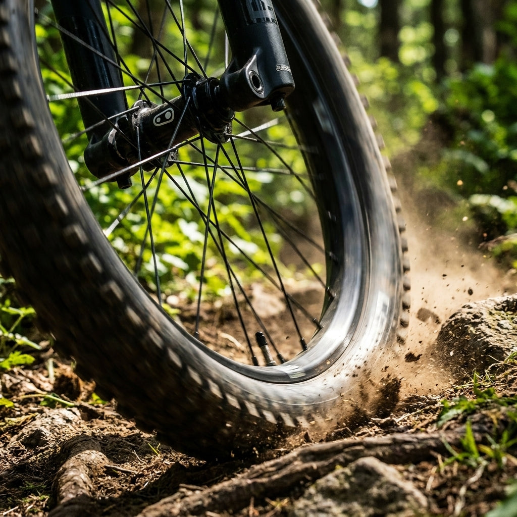 Crankbrothers Synthesis Speichen Kit VR 27.5 Zoll Enduro auf einem Trail, wirbelt Erde auf.