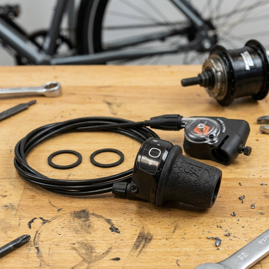 SunRace Sturmey Archer S7 Drehgriffschalter mit Klickbox, Schaltzug und Außenhülle für 7-Gang SRAM Nabenschaltung.