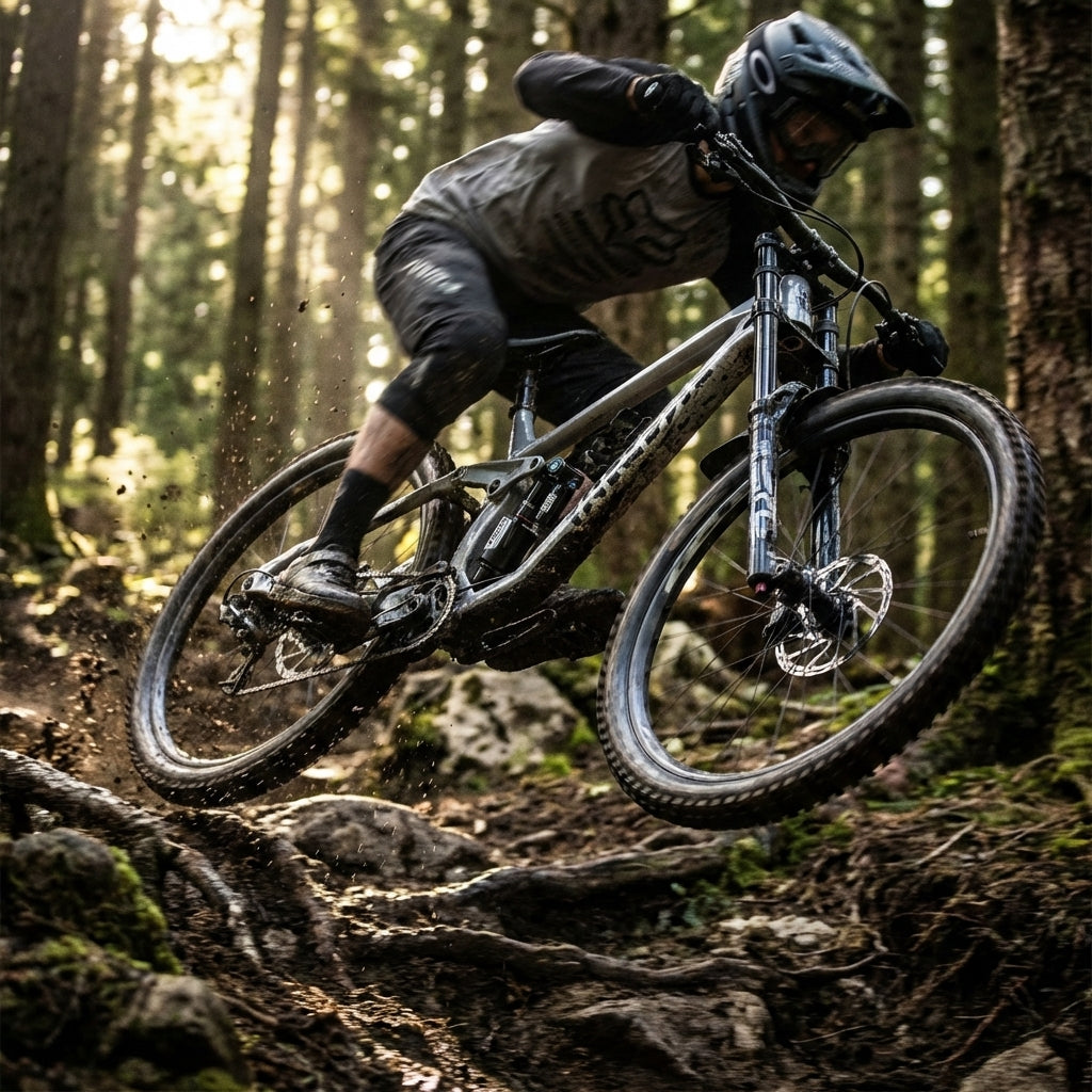 Rockshox Vivid Ultimate DH Dämpfer schwarz am Mountainbike, das im Wald über Wurzeln springt.
