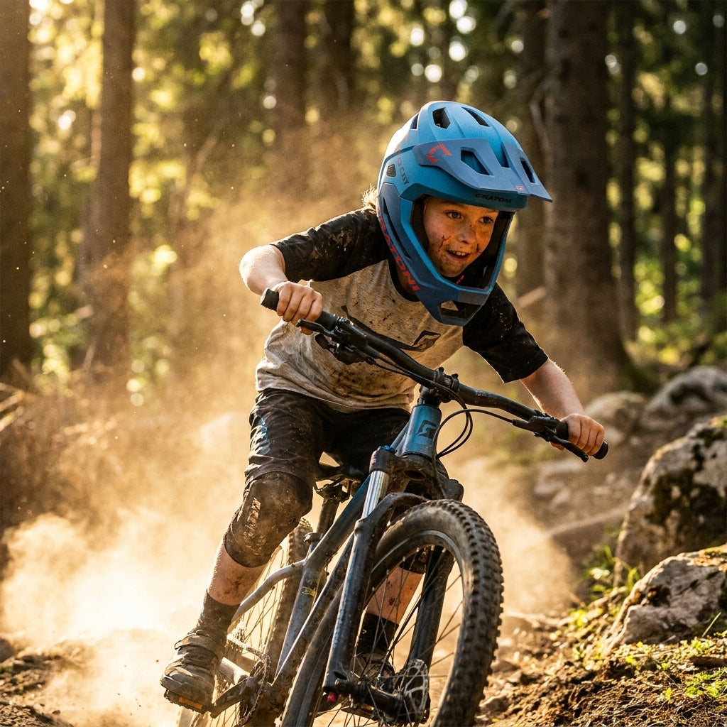 Kind mit blau mattem CRATONI MadCat MIPS Fullface Kinder-Fahrradhelm auf Mountainbike im Wald.