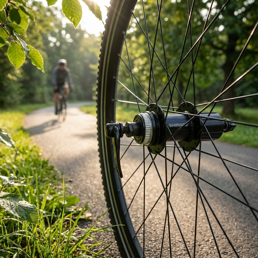 Moderne schwarze SHIMANO FH-QC300-HM Hinterradnabe am Fahrrad, Radfahrer im sonnigen Park.
