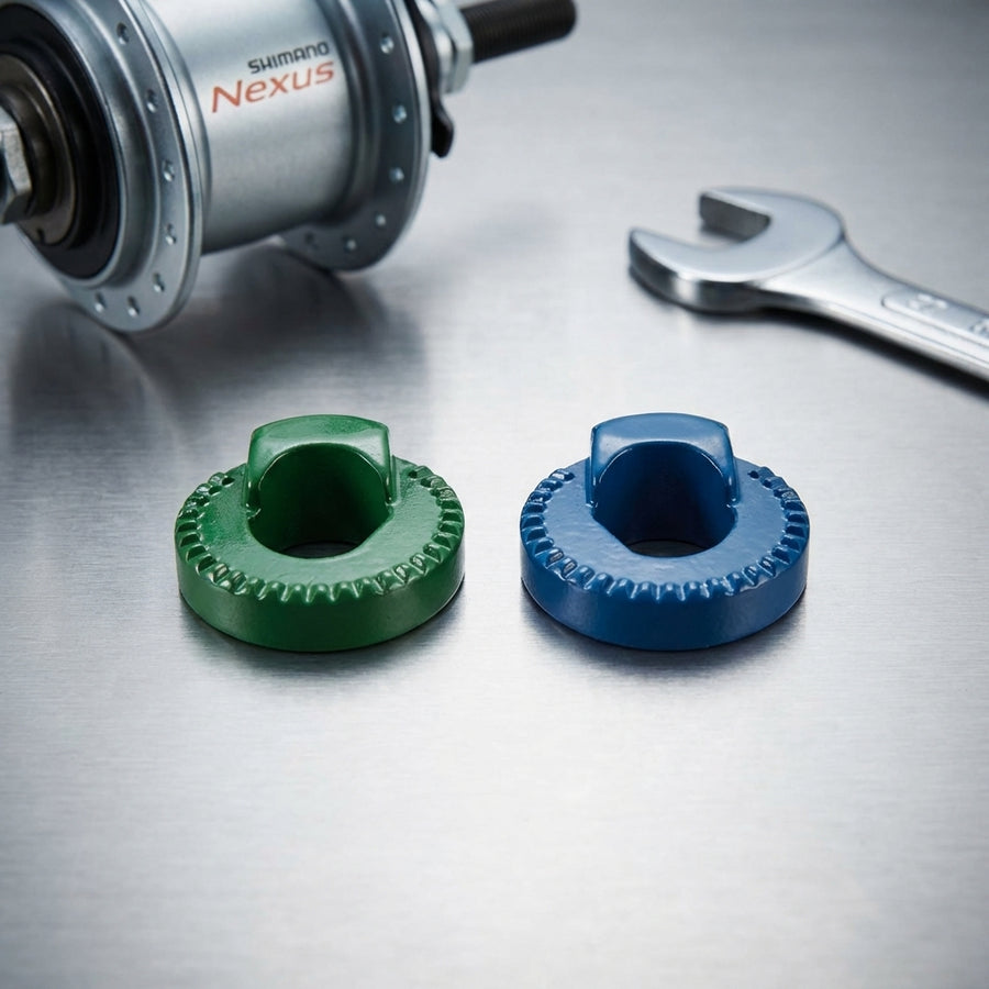 Shimano Fixierscheiben grün/blau für ALFINE und Nexus 8-Gang-Naben, mit Shimano Nexus Nabe und Werkzeug.