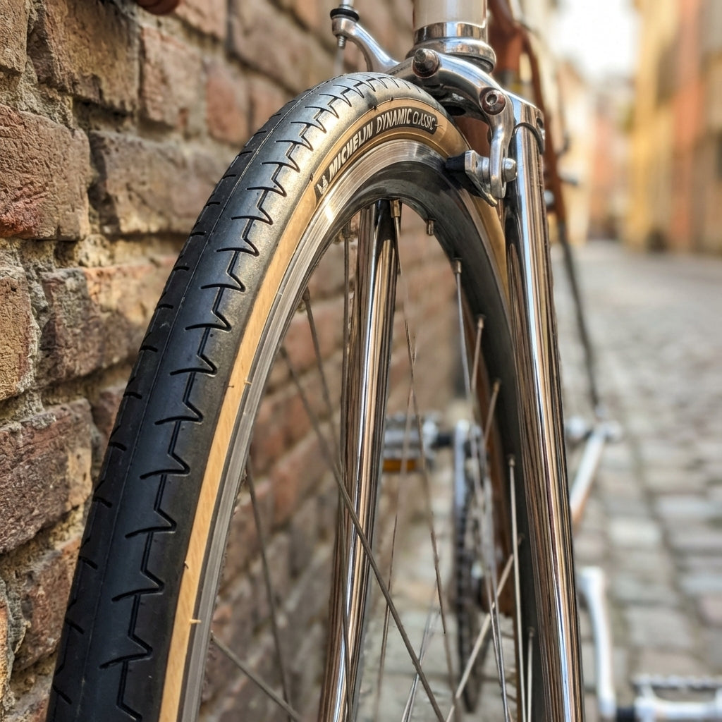 Michelin Dynamic Classic 700x20 Drahtreifen schwarz/transparent am Fahrrad-Vorderrad vor Ziegelwand.