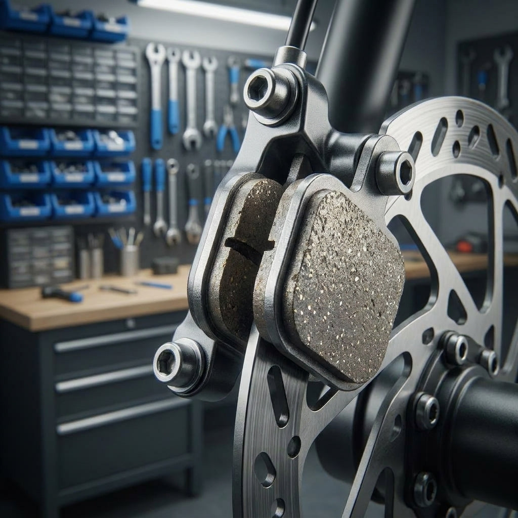NG Sports Semi-Metall Disc-Bremsbeläge Tektro für Fahrrad-Scheibenbremse, Nahaufnahme in Werkstatt.