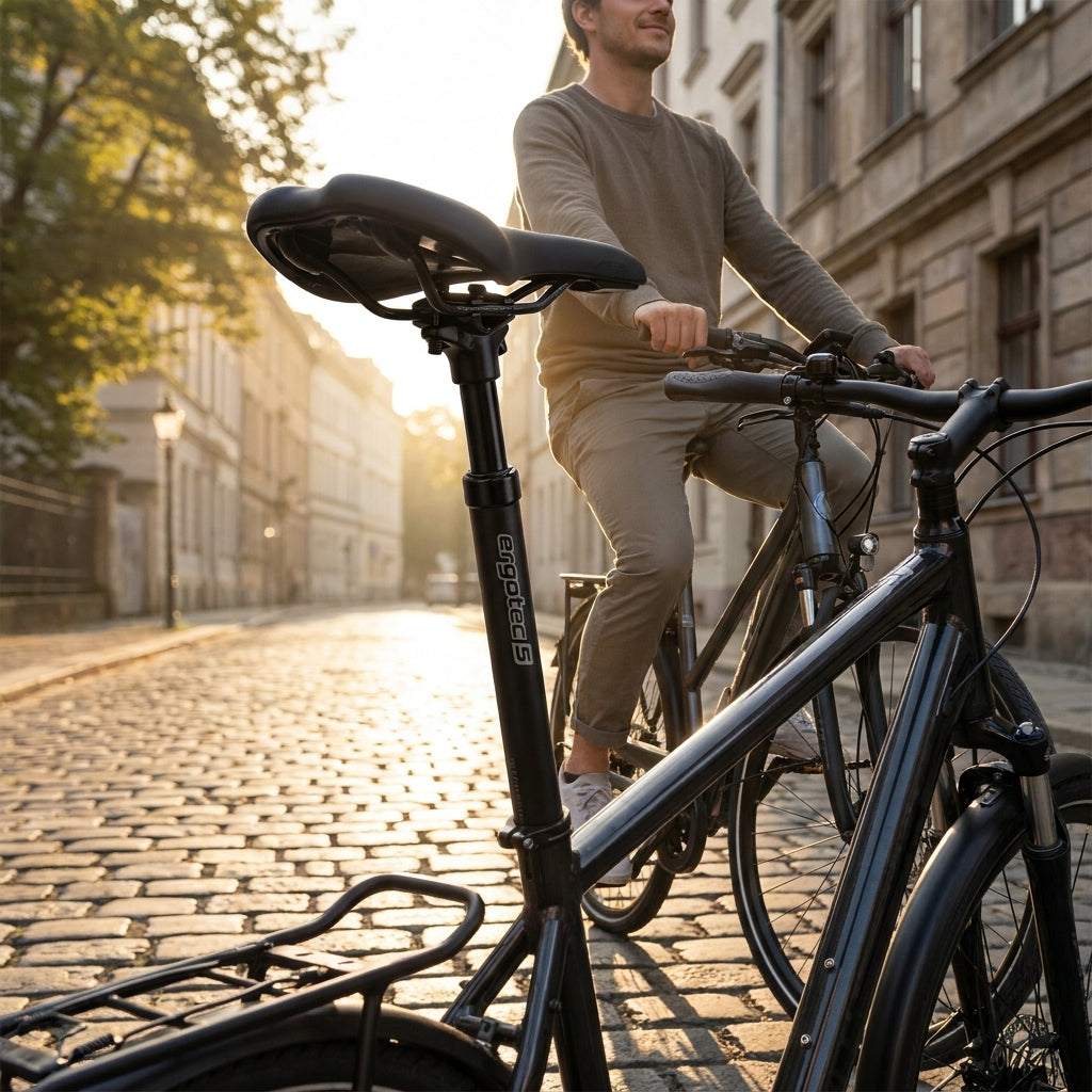 Ergotec Federsattelstütze SP-10.0 Alu schwarz am Fahrrad, bietet Komfort auf Kopfsteinpflaster.