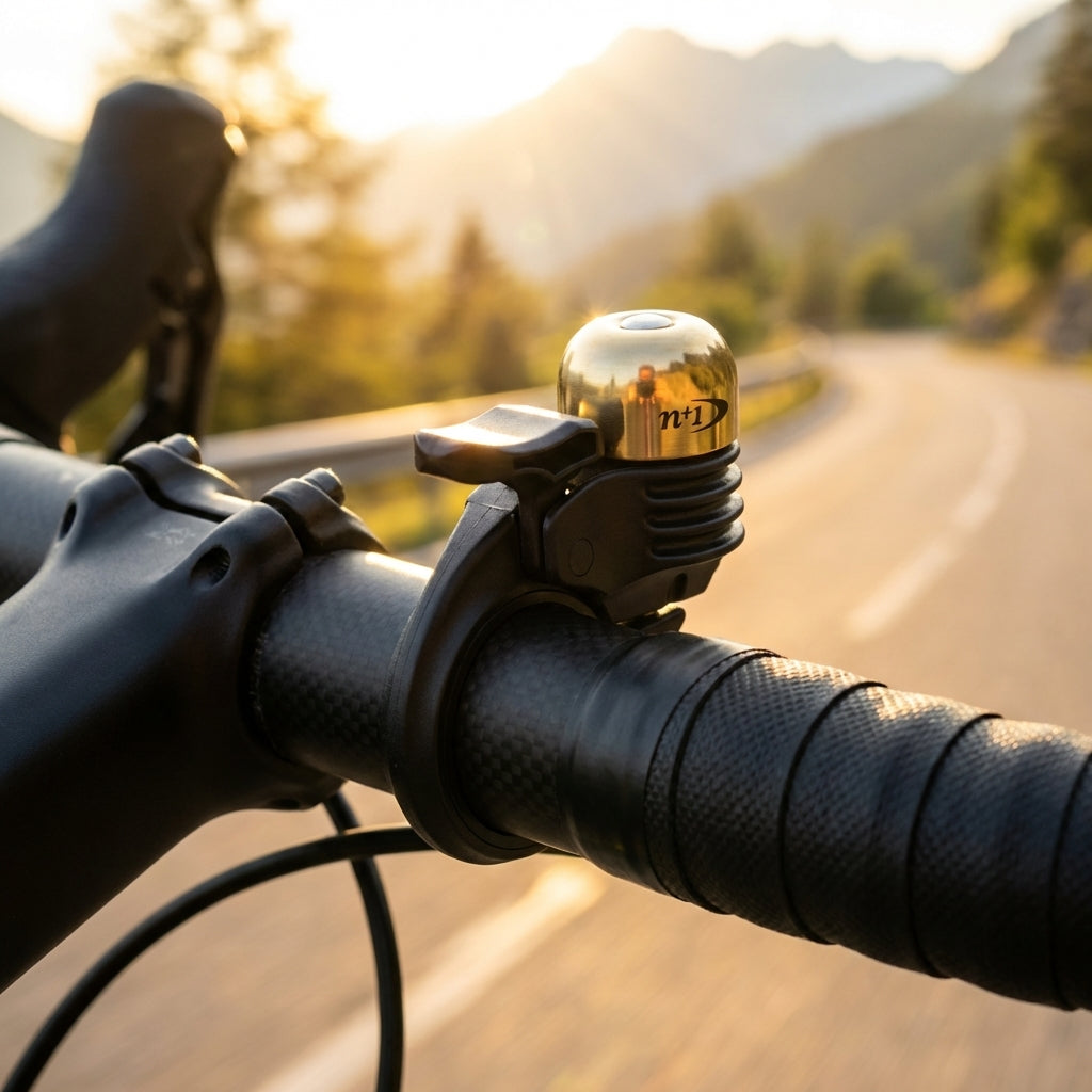 Superleichte Procraft Race Bell Mini schwarz/gold Rennrad-Fahrradklingel am Lenker im Sonnenlicht.