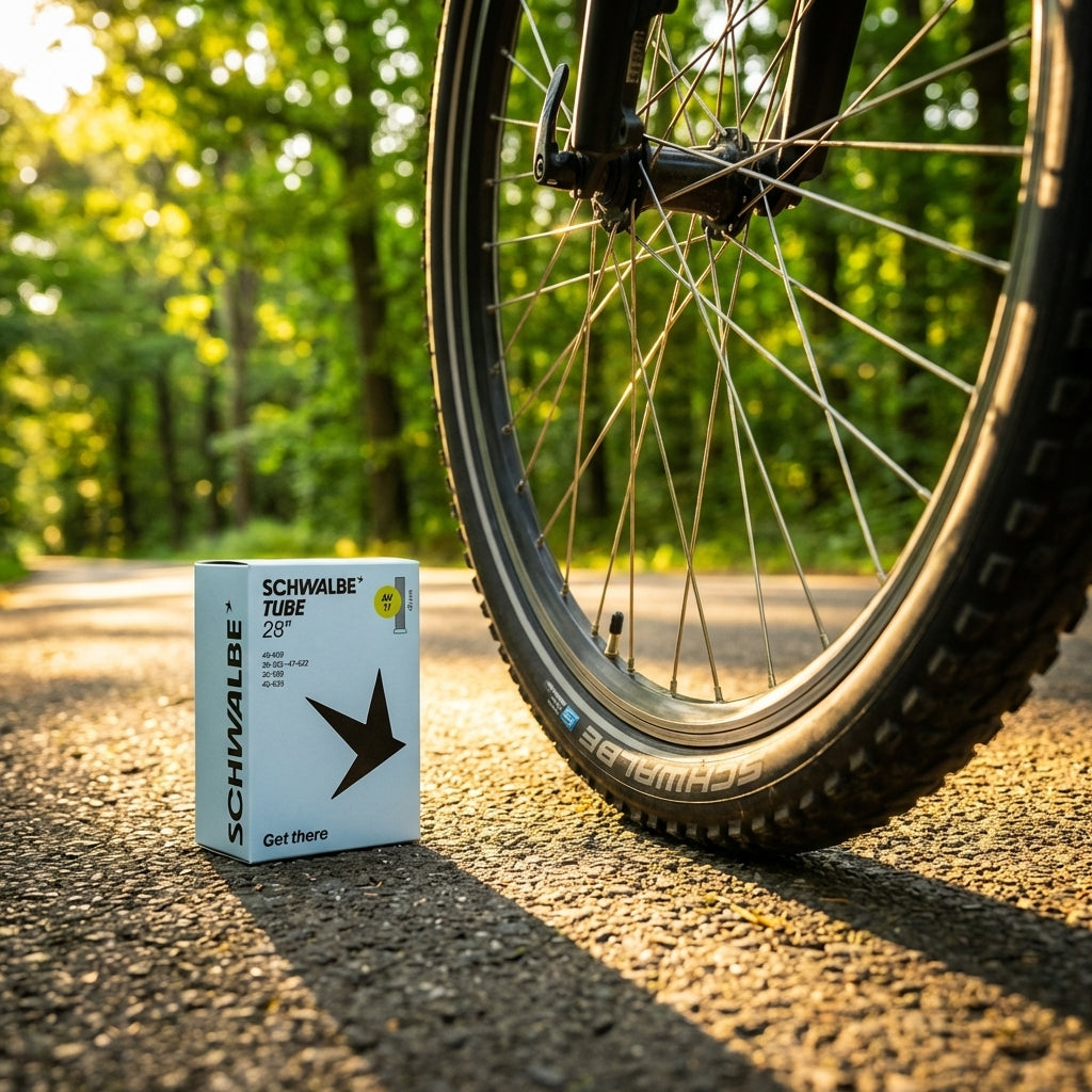 Schwalbe AV17 28 Zoll Fahrradschlauch für Trekkingräder, Box neben Fahrrad auf sonnigem Waldweg.