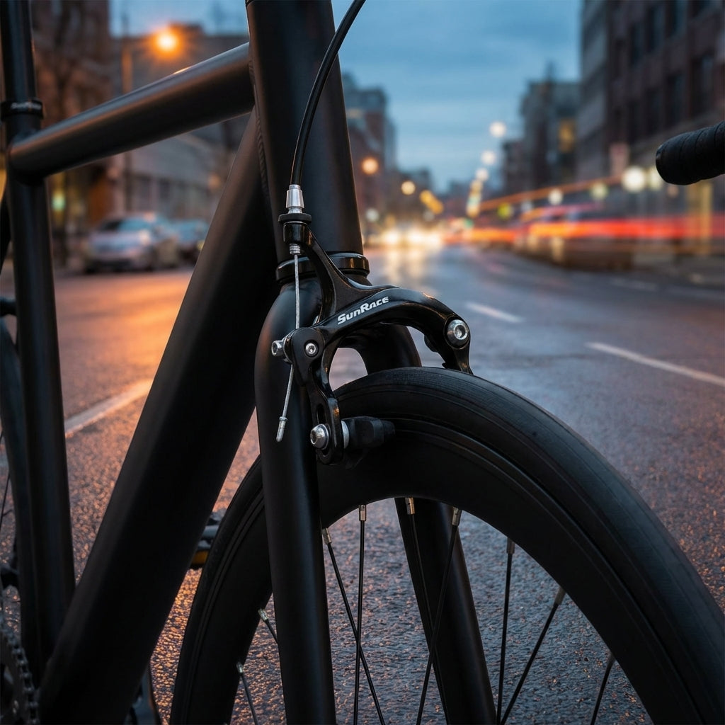 Schwarze SunRace BCM32 V-Brake Vorderrad Felgenbremse an einem Fahrrad in urbaner Umgebung bei Dämmerung.