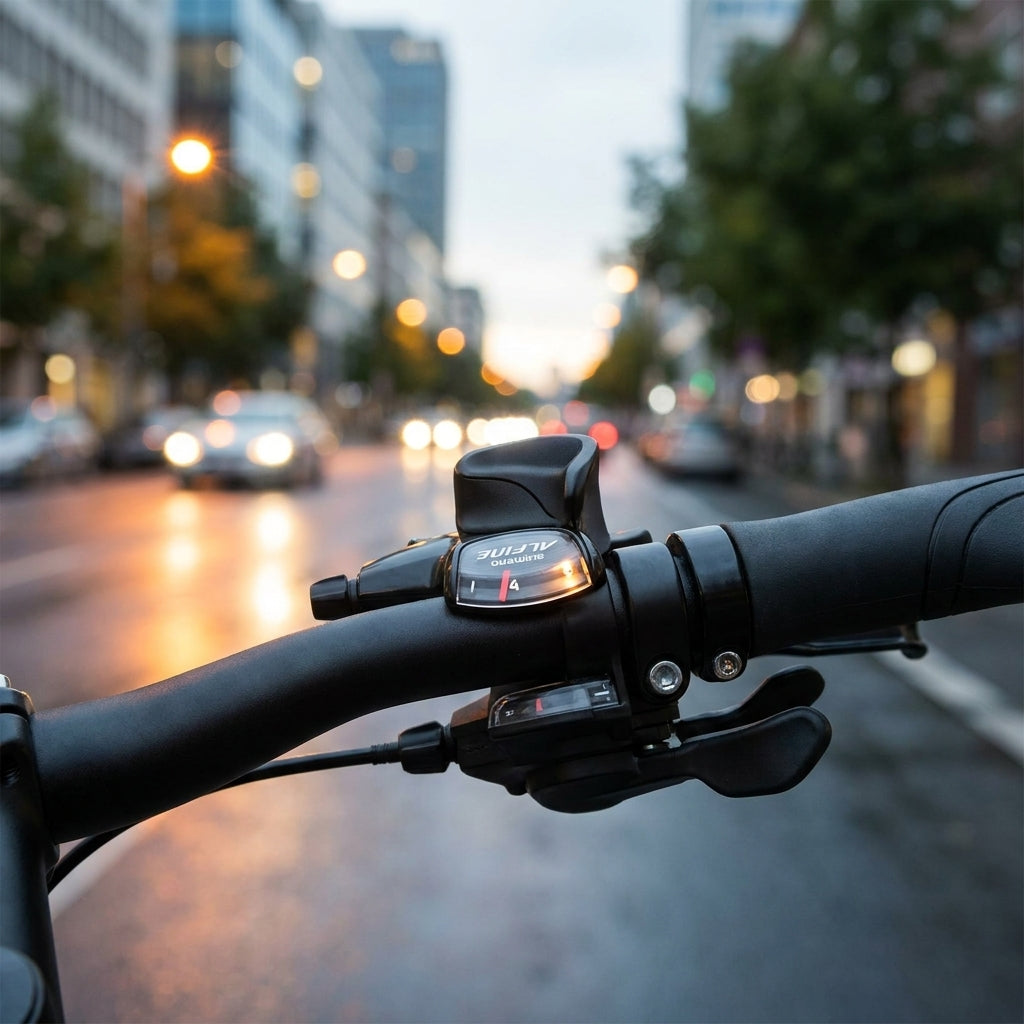 Schwarzer Shimano Alfine 8-fach Schalthebel am Fahrradlenker, Gang 4 sichtbar, auf nasser Stadtstraße bei Dämmerung.
