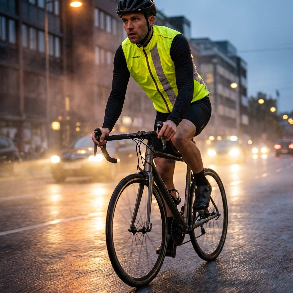 Radfahrer trägt Wowow Wind-Weste Maverick gelb mit Reflexstreifen und Reißverschluss auf nasser Straße.