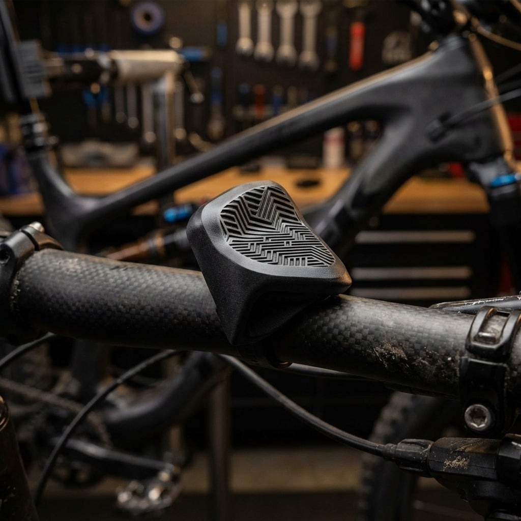 Schwarzes SRAM AXS POD Rocker Paddle Upgrade rechts auf Carbon-Fahrradlenker mit geometrischem Muster.