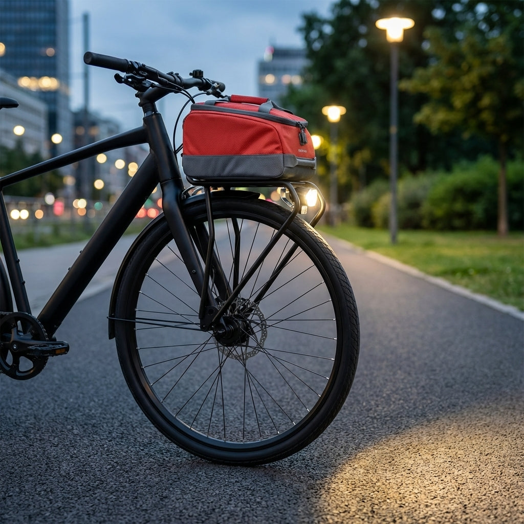 Fahrrad mit Racktime VR-Träger Topit 2.0 26"/28" schwarz, roter Tasche und Frontlicht.