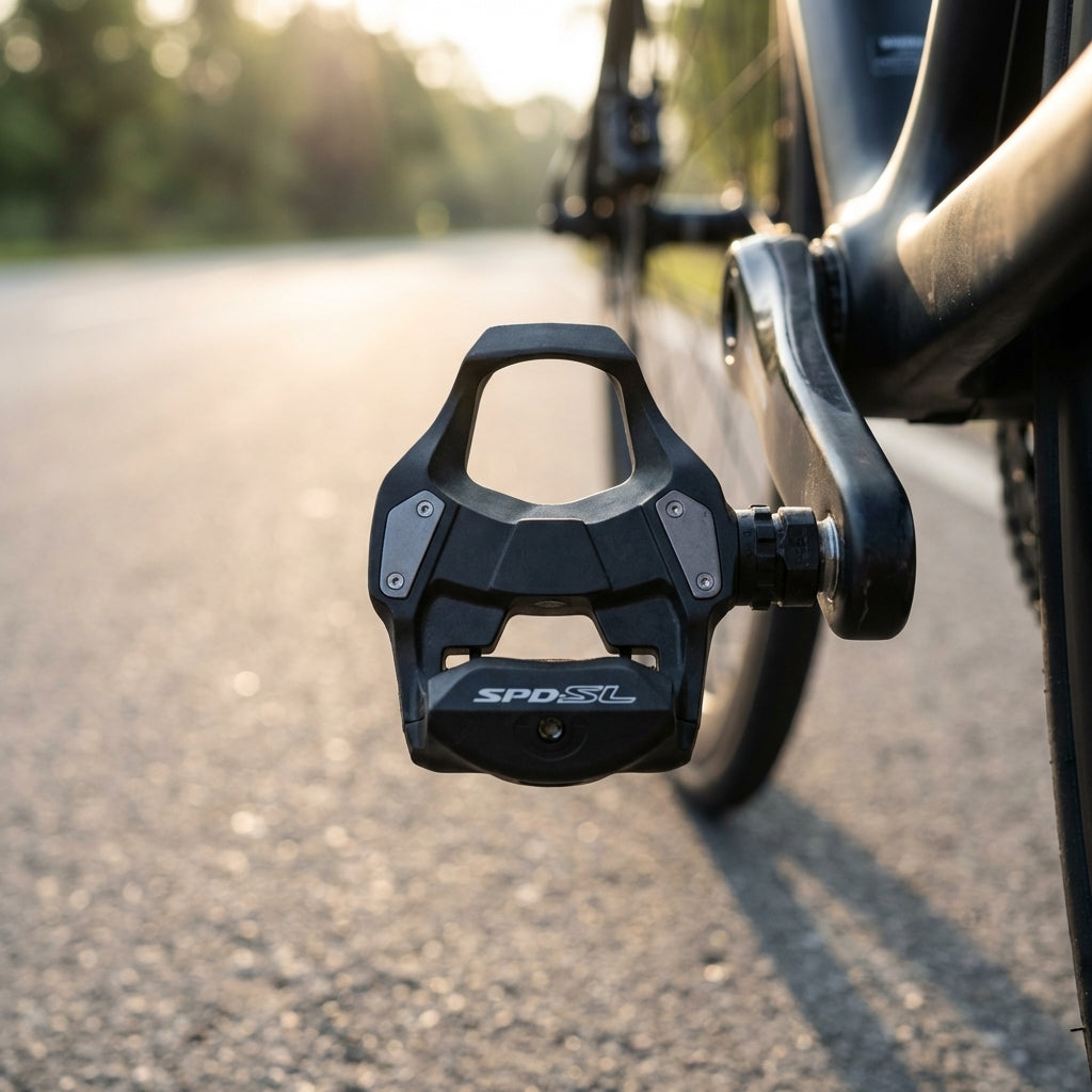 SHIMANO PD-RS500 SPD-SL Straßenpedal am Fahrrad, einsteigerfreundlich, bei Sonnenuntergang auf der Straße.