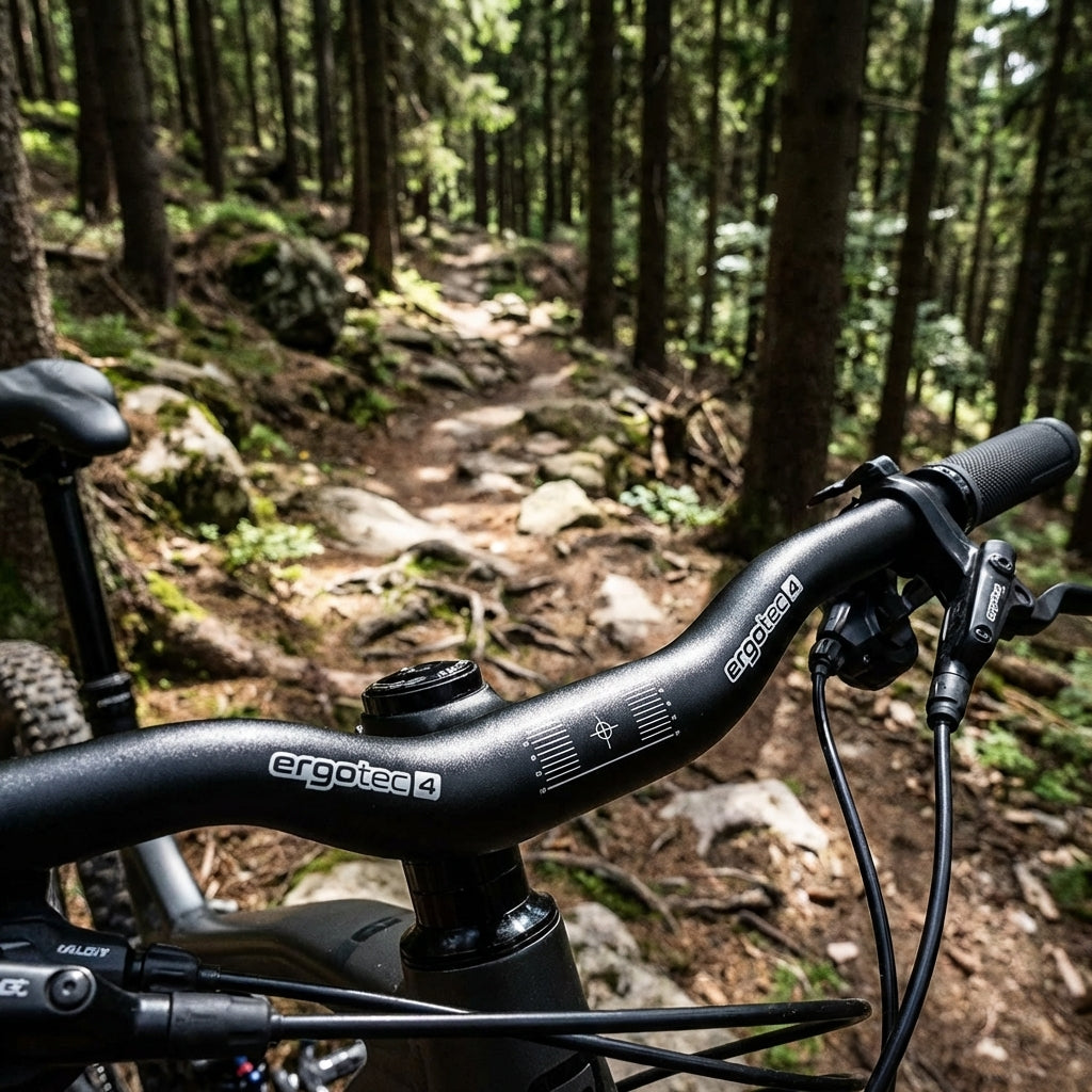 Ergotec M-Bar M Lenkerbügel schwarz matt Level 4 auf Mountainbike im Wald.