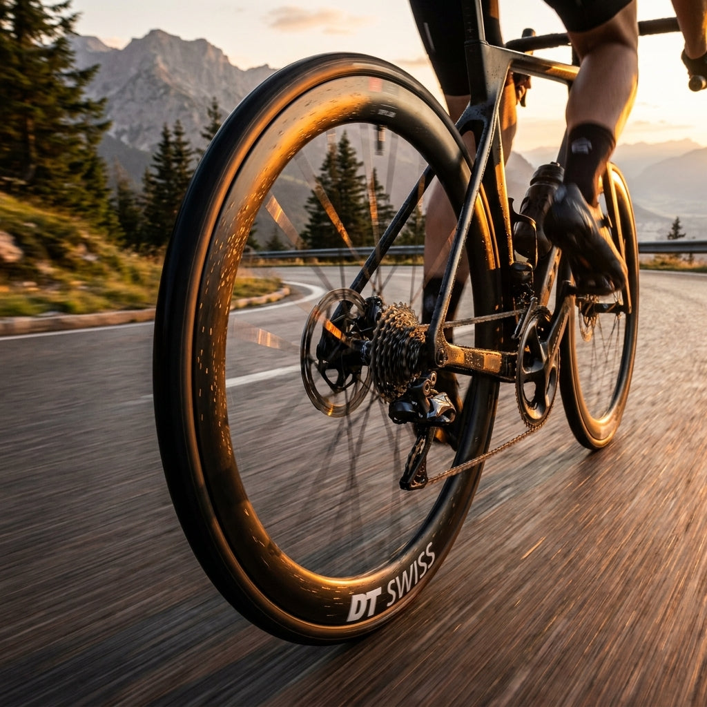 Aerodynamisches DT Swiss ERC 1100 DICUT Disc Carbon-Laufrad am Rennrad auf Bergstraße bei Sonnenlicht.
