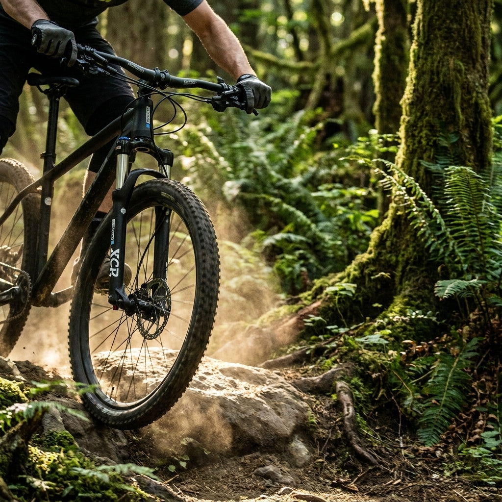 SR Suntour XCR 32 Air RLR Federgabel schwarz matt am 29-Zoll Mountainbike auf staubigem Waldweg.