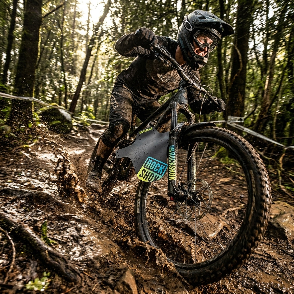 Rockshox Fender MTB universal vorne schwarz gelb blau FadePrint an Mountainbike im schlammigen Wald.