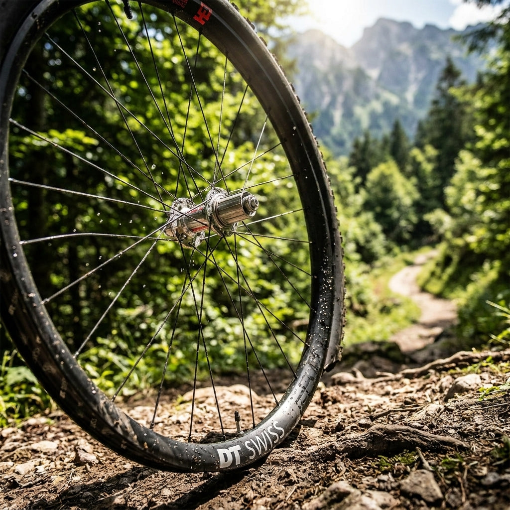 DT Swiss EXC 1200 Classic 29" Carbon Enduro Laufrad auf nassem Waldweg, Berge im Hintergrund.