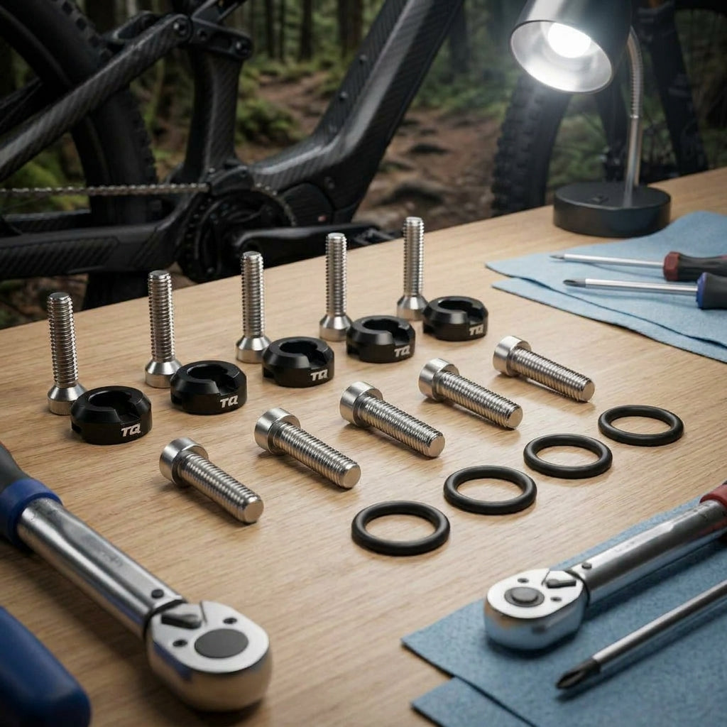 TQ FLYON Antrieb Montagekit: Original Schrauben, Scheiben, Dichtungen für sichere E-Bike Reparatur und Wartung.