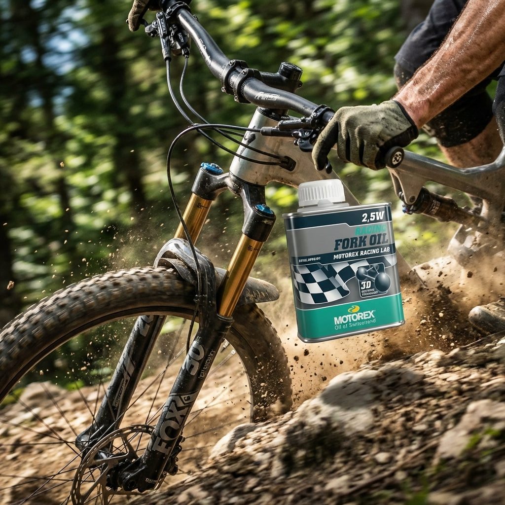 MOTOREX 2,5W Racing Gabelöl am Mountainbike in Aktion, Schmutz fliegt. Hochleistungs-Gabelöl für Federgabeln.