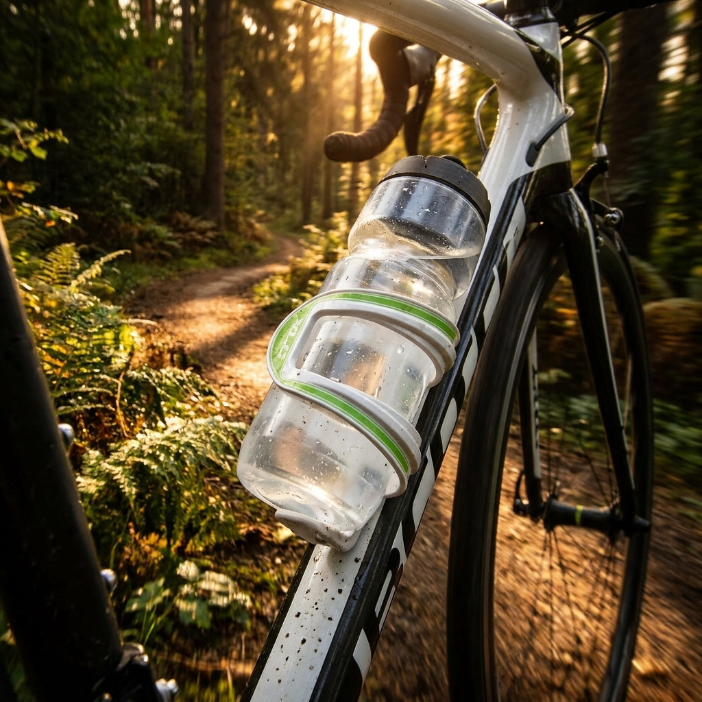 XLC Flaschenhalter Sidecage weiß grün am Fahrrad mit Trinkflasche auf sonnigem Waldweg.