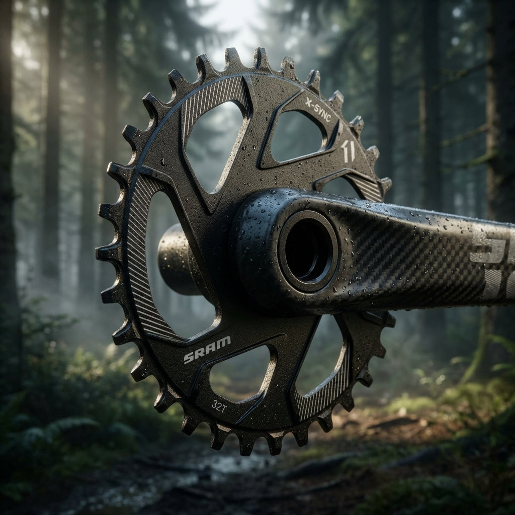 Nahaufnahme Sram X-Sync 11-fach Kettenblatt 32T und Carbon-Kurbelarm mit Wassertropfen im Wald.