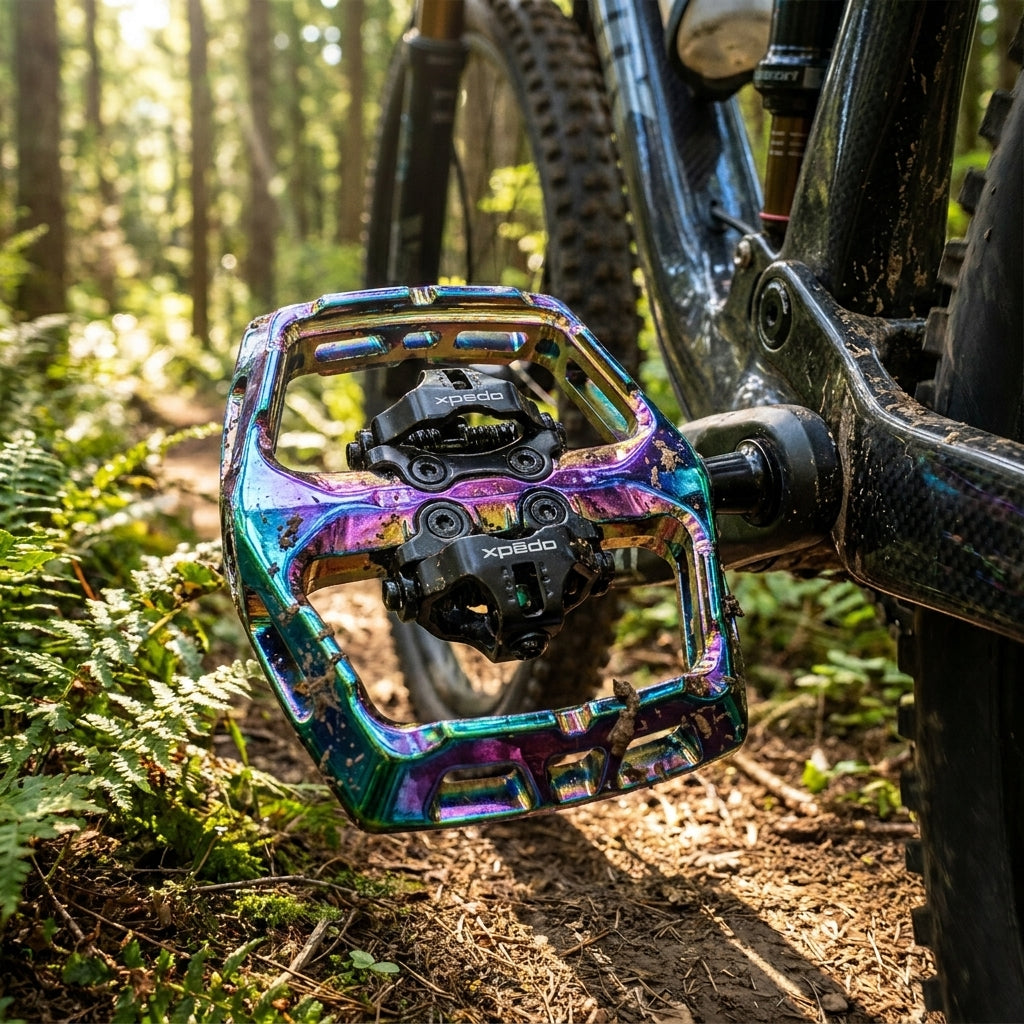 Xpedo Ambix Oilslick Mountainbike Plattformpedale aus Aluminium mit 18 Pins und CroMo-Achse für extremen Grip und Style.
