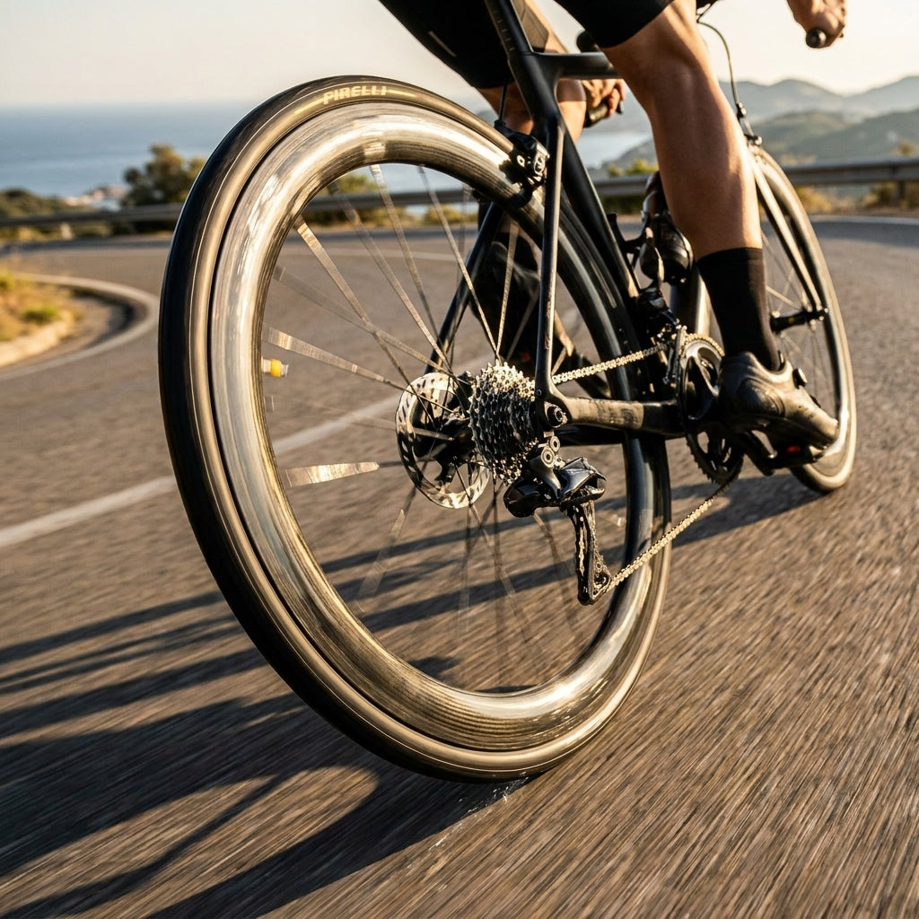 Pirelli SPORTUBE 28" Rennradschlauch, auf Rennrad mit schwarzem Reifen bei Küstenfahrt.