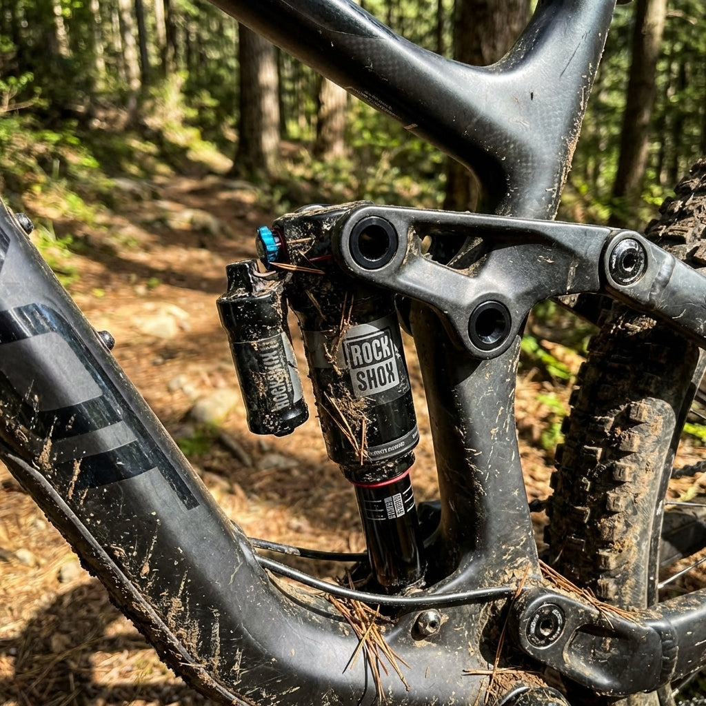 Schlammiges Mountainbike mit RockShox Hinterraddämpfer und Montagehardware.
