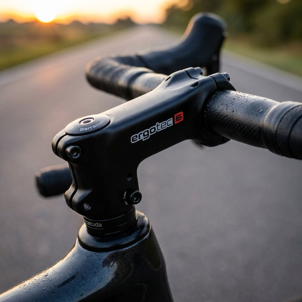 Schwarzer Ergotec Barracuda i6 Fahrrad Vorbau mit Lenker am Rennrad. Im Hintergrund Straße und Sonnenuntergang.