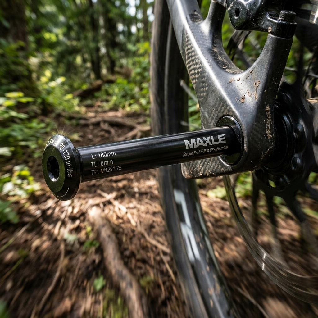 SRAM Maxle Stealth Steckachse hinten M12x1.0 / 142x12mm am Mountainbike im Wald. Leicht und steife Verbindung.