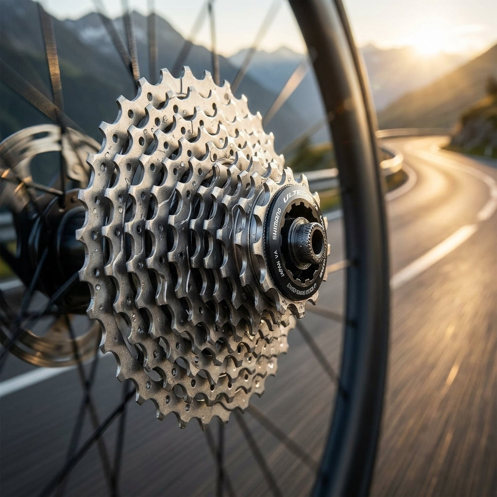 SHIMANO ULTEGRA CS-R8101 12-fach Kassette 11-30 am Fahrrad-Hinterrad auf Bergstraße bei Sonnenuntergang.