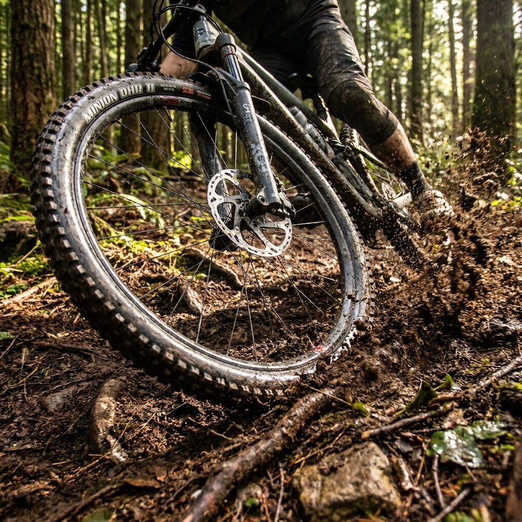 Maxxis Minion DHR II WT Faltreifen 27.5x2.40 MTB Trail Enduro schwarz in Aktion auf schlammigem Waldweg.