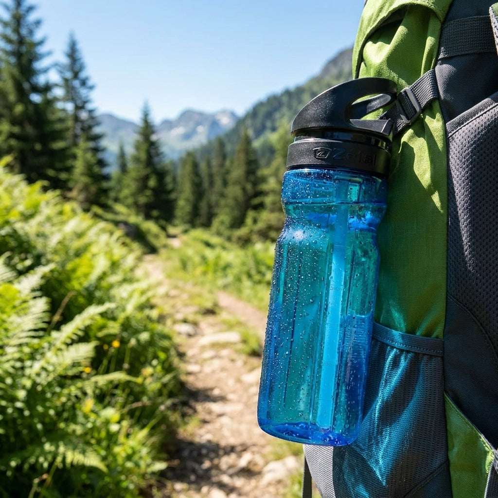 Zefal Trinkflasche Trekking 700ml blau transparent am Rucksack auf sonnigem Bergpfad.