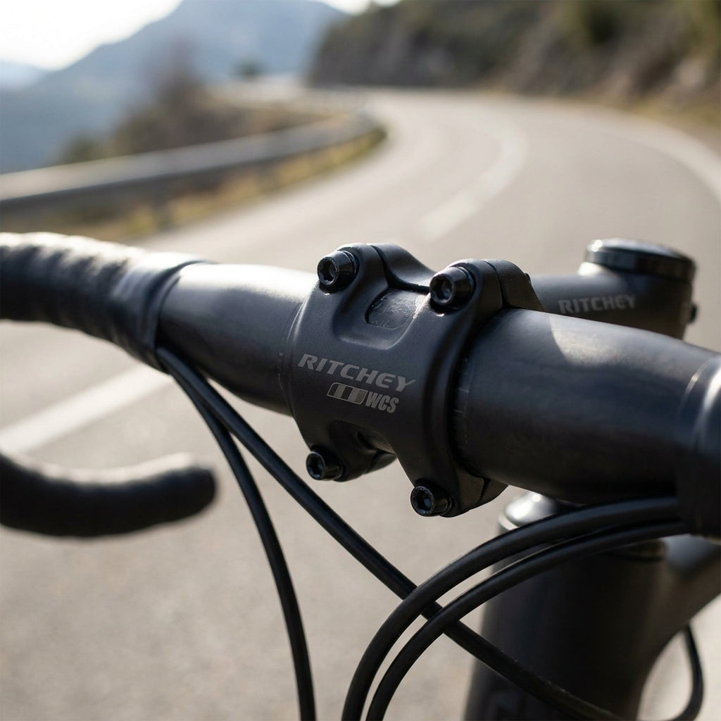 Ritchey WCS Fahrrad Vorbau schwarz matt 31.8mm am Rennrad Lenker auf kurviger Straße.